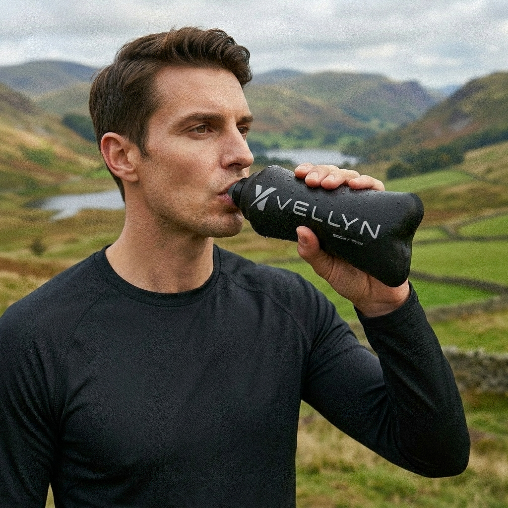 Hiker drinking from a VELLYN bottle in the mountains