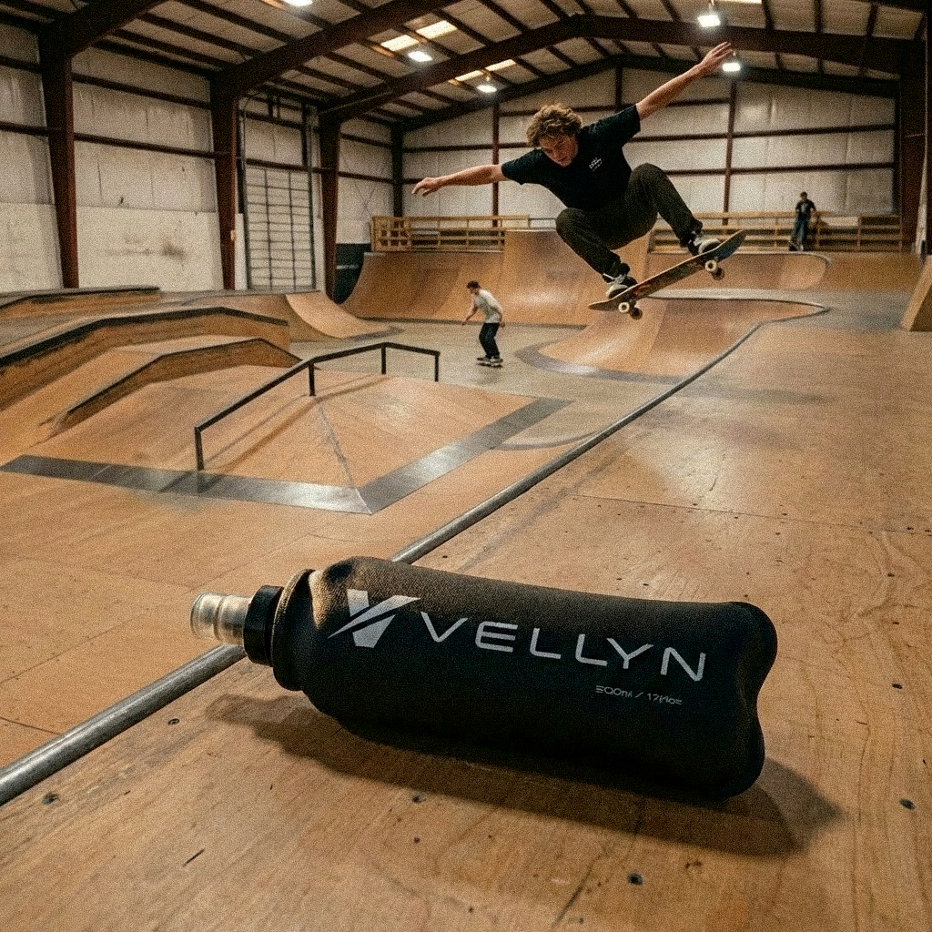 Skateboarder with a VELLYN bottle